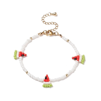 Glass Seed Braided Watermelon Charms Bracelet for Women, Green Yellow, 7-5/8 inch(19.5cm), Pendants: 14x11x3mm