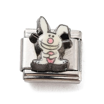 Rabbit 304 Stainless Steel Enamel Connector Charms, DIY Handmade Module Bracelet Accessories, Stainless Steel Color, White, 10x9x6.5mm