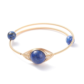 Natural Lapis Lazuli(Dyed) Round Beaded Bangle, Adjustable Copper Wire Torque Bangle for Women, Golden, Inner Diameter: 2 inch(5.2cm)