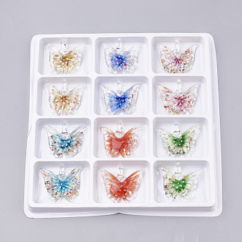 Handmade Lampwork Pendants, Inner Flower, Butterfly, Mixed Color, 37~42x41~46x13~15mm, Hole: 7mm, Box Size: 20x19.5x1.3cm, about 12pcs/box