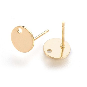 304 Stainless Steel Stud Earring Findings, with Flat Plate, Flat Round, Golden, 8x0.8mm, Hole: 1.2mm, Pin: 0.8mm