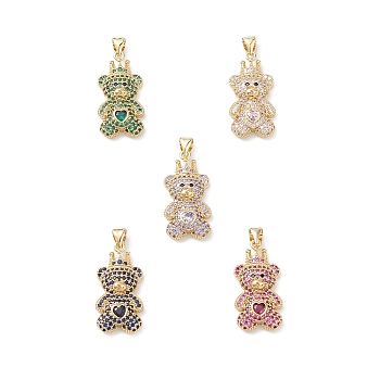 Brass Micro Pave Cubic Zirconia Pendants, Real 16K Gold Plated, Bear Charms, Mixed Color, 25x12.5x5mm, Hole: 5x3.5mm.
