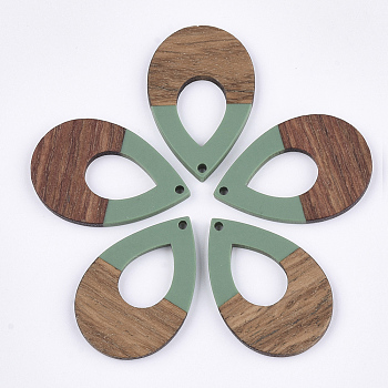 Resin & Walnut Wood Pendants, Teardrop, Medium Sea Green, 38x25.5x3mm, Hole: 2mm