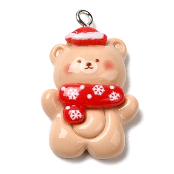 Christmas Opaque Resin Pendants, with Platinum Tone Iron Loops, Bear, 30x19x7mm, Hole: 2mm