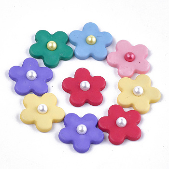 Acrylic Cabochons, with ABS Plastic Imitation Pearl, Frosted, Flower, Mixed Color, 25x26x7mm