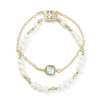 Natural Pearl & Glass Beaded Multi-strand Bracelet with Brass Cable Chains for Women, Golden, Light Green, 7-1/2 inch(19cm)