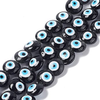 Handmade Evil Eye Lampwork Beads Strands, Flat Round, Black, 14~15.5x8mm, Hole: 1~1.4mm, about 14pcs/strand, 12.60 inch(32cm)