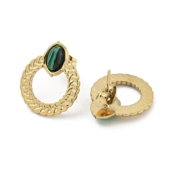 Real 18K Gold Plated 304 Stainless Steel Ring Stud Earrings, with Synthetic Malachite, 18.5x15.5mm