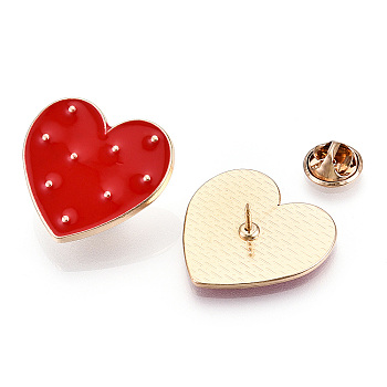 Alloy Brooches, Enamel Pin, with Brass Butterfly Clutches, Heart, Light Gold, Red, 28x29x2mm, Pin: 1mm