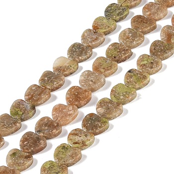 Natural Unakite Beads Strands, Heart, 10x10.5x3mm, Hole: 0.7mm, about 41~42pcs/strand, 15.55''~15.94''(39.5~40.5cm)