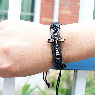 Adjustable Cross with Word Iron Braided Leather Cord Bracelets(BJEW-P0001-02B)-5