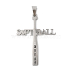 304 Stainless Steel Big Pendants, Softball Cross with Word I Can Do All Things, Stainless Steel Color, 53.5x40x2mm, Hole: 9.5x6mm(STAS-U040-04P)