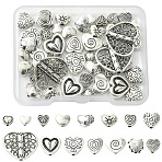 60Pcs 15 Styles Tibetan Style Alloy Beads, Cadmium Free & Lead Free, Heart, Antique Silver, 5~16x5~19x3~6.5mm, Hole: 1~1.6mm, 4pcs/style(FIND-YW0010-09)