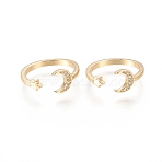Brass Micro Pave Clear Cubic Zirconia Cuff Rings, Open Rings, Cadmium Free & Lead Free, Long-Lasting Plated, Star with Moon, Golden, Size 5, Inner Diameter: 15.5mm(X-RJEW-F101-02G)