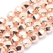 Electroplate Non-magnetic Synthetic Hematite Beads Strands, Star Cut Round Beads, Grade AA, Long-Lasting Plated, Faceted, Light Rose Gold Plated, 6x5mm, Hole: 1mm, about 61pcs/strand, 15.7 inch(40cm)(G-L485-07B-LRG)