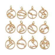 Brass Micro Pave Cubic Zirconia Pendants, with Jump Rings, Cadmium Free & Nickel Free & Lead Free, Long-Lasting Real 18K Gold Plated, Flat Round with Stellar Map, 12 Constellations, 17.5x15x2mm, Hole: 3mm(KK-M229-58G)