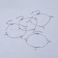 304 Stainless Steel Charm Anklets, with Synthetic Turquoise Beads and Glass Pearl, Mixed Shapes, Stainless Steel Color, 9-5/8 inch(24.5cm)(AJEW-AN00265)