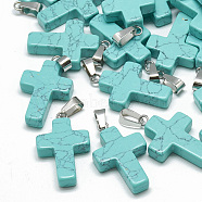 Dyed Synthetic Turquoise Pendants, with Stainless Steel Snap On Bails, Cross, 29~30x18~19x5~6mm, Hole: 6x4mm(X-G-T080-15)