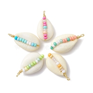 Natural Cowrie Shell Pendants, with Glass Seed Beads, Shell Shape Charms with Golden Tone Copper Wire Loops, Mixed Color, 29.5x14.5x8.5mm, Hole: 2.3mm(PALLOY-JF02266)