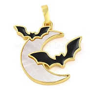 Halloween Theme Brass Enamel Pendants, with Pave Shell, Long-Lasting Plated, Real 18K Gold Plated, Moon with Bat, 26x25x2mm, Hole: 3.5x6mm(KK-S401-04G-C)