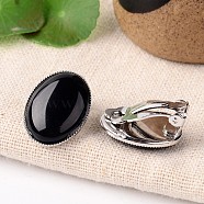 Natural Black Agate Oval Clip-on Earrings, with Platinum Plated Brass Findings, 21x15mm(EJEW-J091-02)