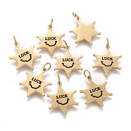 316 Surgical Stainless Steel Charms, with Jump Rings and Enamel, Star with Word Luck, Black, Golden, 14.5x11.7x0.8mm, Hole: 2.6mm(STAS-I164-018G)