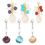 6 Style Cellulose Acetate(Resin) & Cowrie Shell Big Pendants, with Glass & Shell Pearl Beads, Stainless Steel Lobster Claw Clasps, Mixed Color, 51~57mm(HJEW-NB0001-22)
