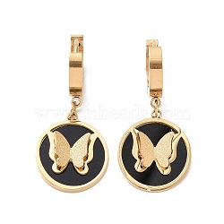 Black Resin Butterfly Dangle Hoop Earrings with, Ion Plating(IP) 304 Stainless Steel Jewelry for Women, Golden, 34mm, Pin: 1mm(EJEW-A082-07G)