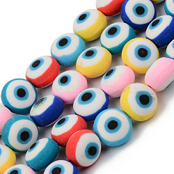 Handmade Polymer Clay Beads Strands, for DIY Jewelry Crafts Supplies, Flat Round with Evil Eye, Deep Sky Blue, 12x8~9mm, Hole: 1.8mm, about 31~32pcs/strand, 14.57 inch(37cm)(CLAY-N008-001)