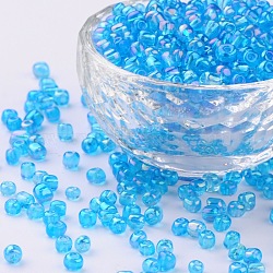 6/0 Round Glass Seed Beads, Transparent Colours Rainbow, Round Hole, Dark Turquoise, 6/0, 4mm, Hole: 1.5mm, about 450pcs/50g, 50g/bag, 18bags/2pound(SEED-US0003-4mm-163B)