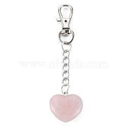 Natural Rose Quartz Keychain, with Brass Lobster Claw Clasps and Iron Chains, Heart, Platinum, 80~86mm(G-S299-133J)