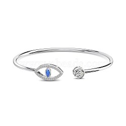 Evil Eye Rhodium Plated 925 Sterling Silver Micro Pave Cubic Zirconia Cuff Bangles for Women, Real Platinum Plated, 0.2~0.85cm, Inner Diameter: 2x2-1/4 inch(5x5.6cm) (BJEW-C062-02P)