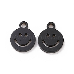 Vacuum Plating 304 Stainless Steel Charms, Cut-Out, Manual Polishing, Hollow, Flat Round with Smile, Electrophoresis Black, 8x6x1mm, Hole: 0.8mm(STAS-G215-03B)