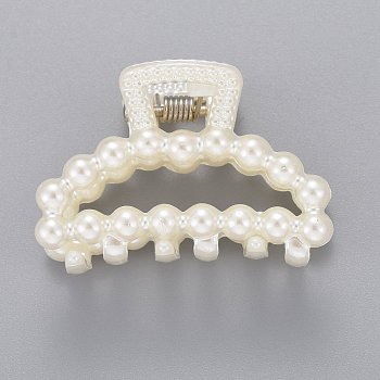 Plastic Claw Hair Clips, with ABS Plastic Imitation Pearl Beads and Iron Findings, White, 28x39.5x26.5mm