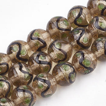 Handmade Gold Sand Lampwork Beads, Round, Peru, 12~12.5x11~12mm, Hole: 1.5~2mm
