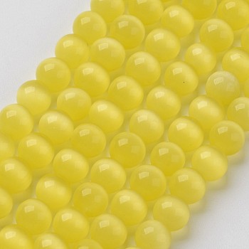 Cat Eye Beads, Round, Yellow, 6mm, Hole: 1mm, about 66pcs/strand, 15.5 inch/strand