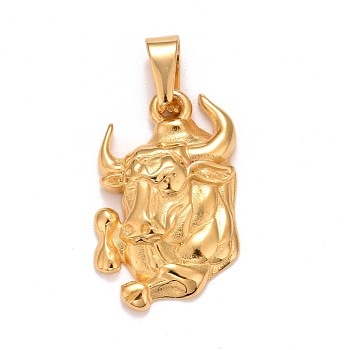 Ion Plating(IP) 304 Stainless Steel Pendants, Textured, Constellation/Zodiac Sign, Taurus, 32.5x20x4.2mm, Hole: 10x4.5mm