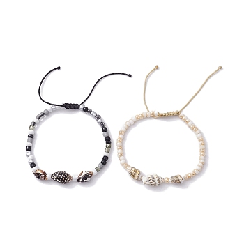 Natural Spiral Shell Braided Bead Bracelets, Adjustable Glass Seed Beads Bracelets for Women, Mixed Color, Inner Diameter: 2-1/4 ~3-1/4 inch(5.75~8.25cm), 2pcs/set