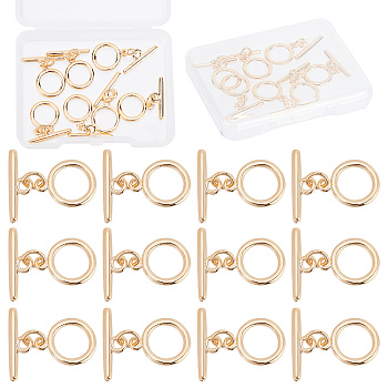 12 Sets Brass Toggle Clasps, for DIY Jewelry Making, Ring, Real 18K Gold Plated, Ring: 13x1.5mm, Hole: 1.6mm, Bar: 19.5x6.5x2mm, Hole: 2.5mm