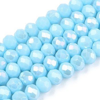 Electroplate Glass Beads Strands, Opaque Solid Color, AB Color Plated, Faceted, Rondelle, Light Sky Blue, 3.5~3.8x3mm, Hole: 0.4mm, about 113~115pcs/strand, 32.5~33cm