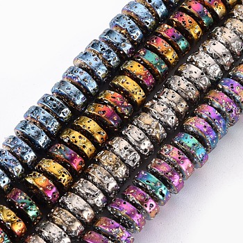 Electroplated Natural Lava Rock Beads Strands, Flat Round/Disc, Heishi Beads, Bumpy, Mixed Color, 8.5x4mm, Hole: 1mm, about 104~105pcs/strand, 15.75 inch~15.94 inch(40cm~40.5cm)