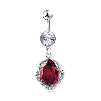 Brass Cubic Zirconia Navel Ring, Belly Rings, with 304 Stainless Steel Bar, Cadmium Free & Lead Free, teardrop, Dark Red, 46mm, Bar: 15 Gauge(1.5mm), Bar Length: 3/8"(10mm)