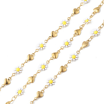 304 Stainless Steel Enamel Link Chains, with Spool, Unwelded, Heart & Flower, Golden, 10~12.5x5~7x2mm