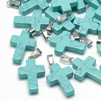 Dyed Synthetic Turquoise Pendants, with Stainless Steel Snap On Bails, Cross, 29~30x18~19x5~6mm, Hole: 6x4mm