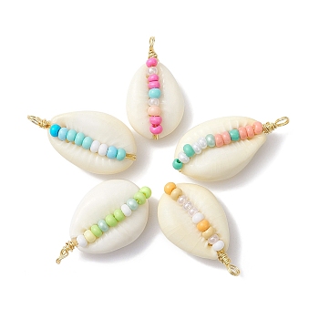 Natural Cowrie Shell Pendants, with Glass Seed Beads, Shell Shape Charms with Golden Tone Copper Wire Loops, Mixed Color, 29.5x14.5x8.5mm, Hole: 2.3mm