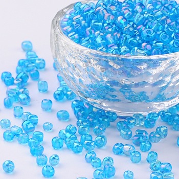 6/0 Round Glass Seed Beads, Transparent Colours Rainbow, Round Hole, Dark Turquoise, 6/0, 4mm, Hole: 1.5mm, about 450pcs/50g, 50g/bag, 18bags/2pound