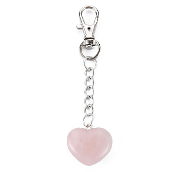 Natural Rose Quartz Keychain, with Brass Lobster Claw Clasps and Iron Chains, Heart, Platinum, 80~86mm