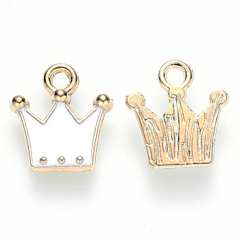 Alloy Enamel Charms, Crown, Light Gold, White, 12x11x2mm, Hole: 1.6mm
