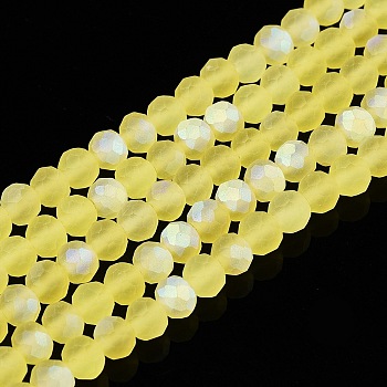 Transparent Glass Beads Strands, Faceted, Frosted, Half AB Color Plated, Rondelle, Yellow, 4x3.5mm, Hole: 1mm, about 113~115pcs/strand, 41~41.5cm