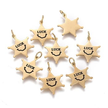 316 Surgical Stainless Steel Charms, with Jump Rings and Enamel, Star with Word Luck, Black, Golden, 14.5x11.7x0.8mm, Hole: 2.6mm